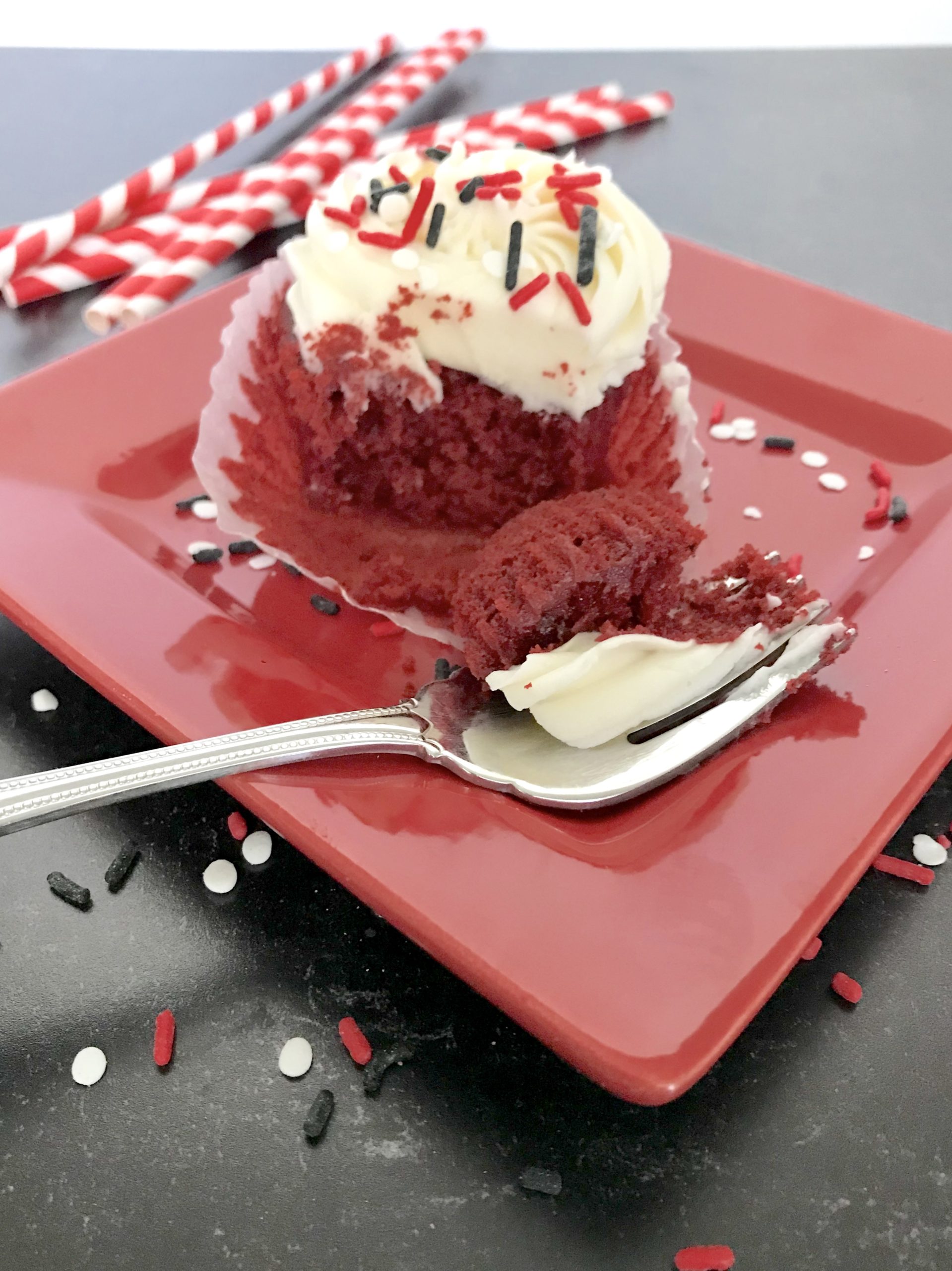 red velvet cupcake with sprinkles