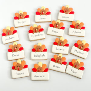 turkeys with colorful feathers holding a name plaque