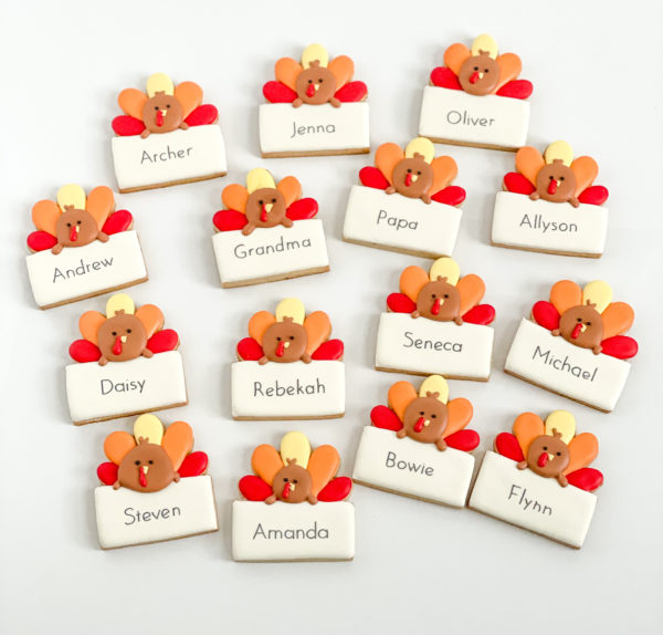 turkeys with colorful feathers holding a name plaque