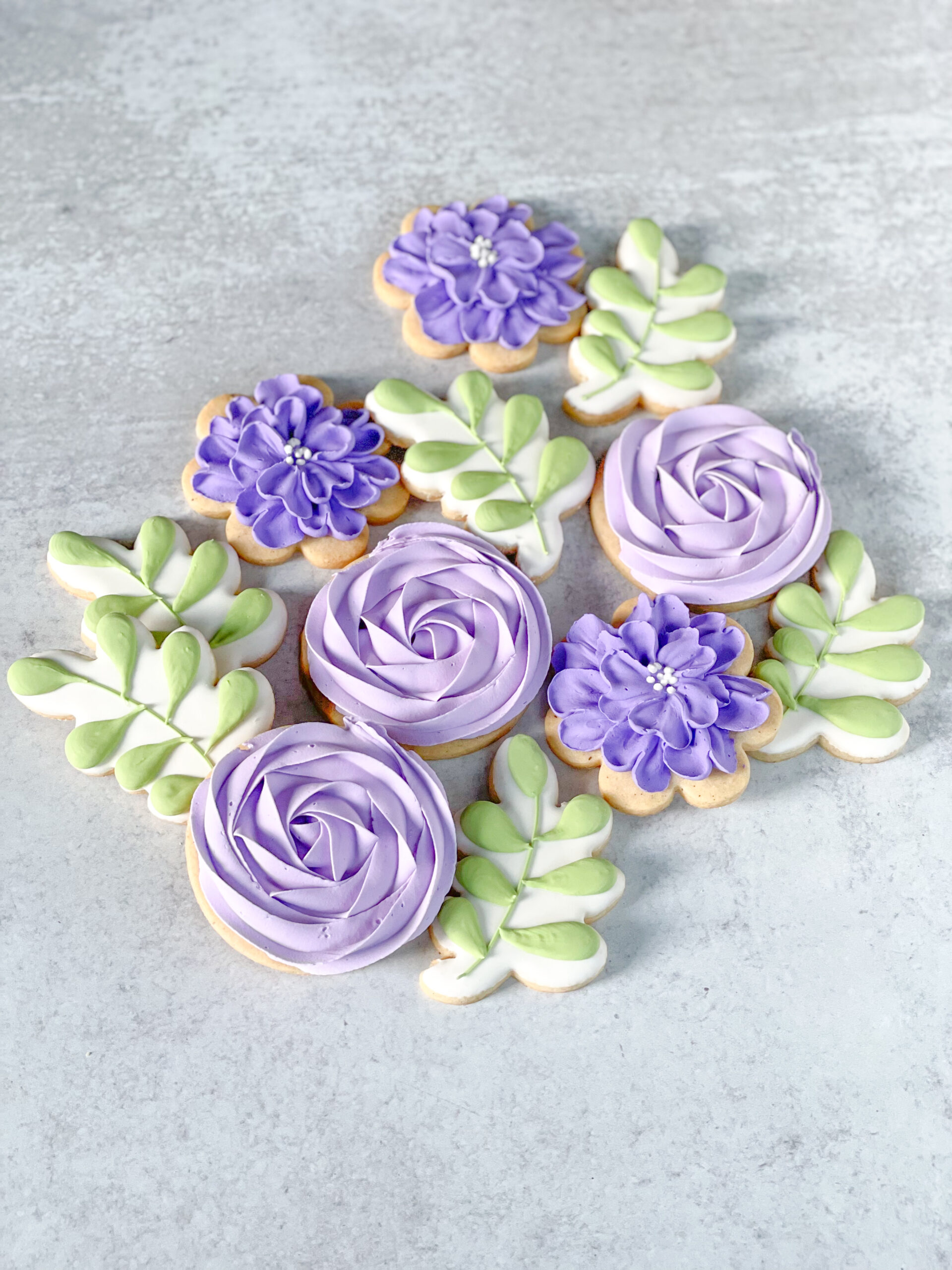 shades of purple flowers and greenery