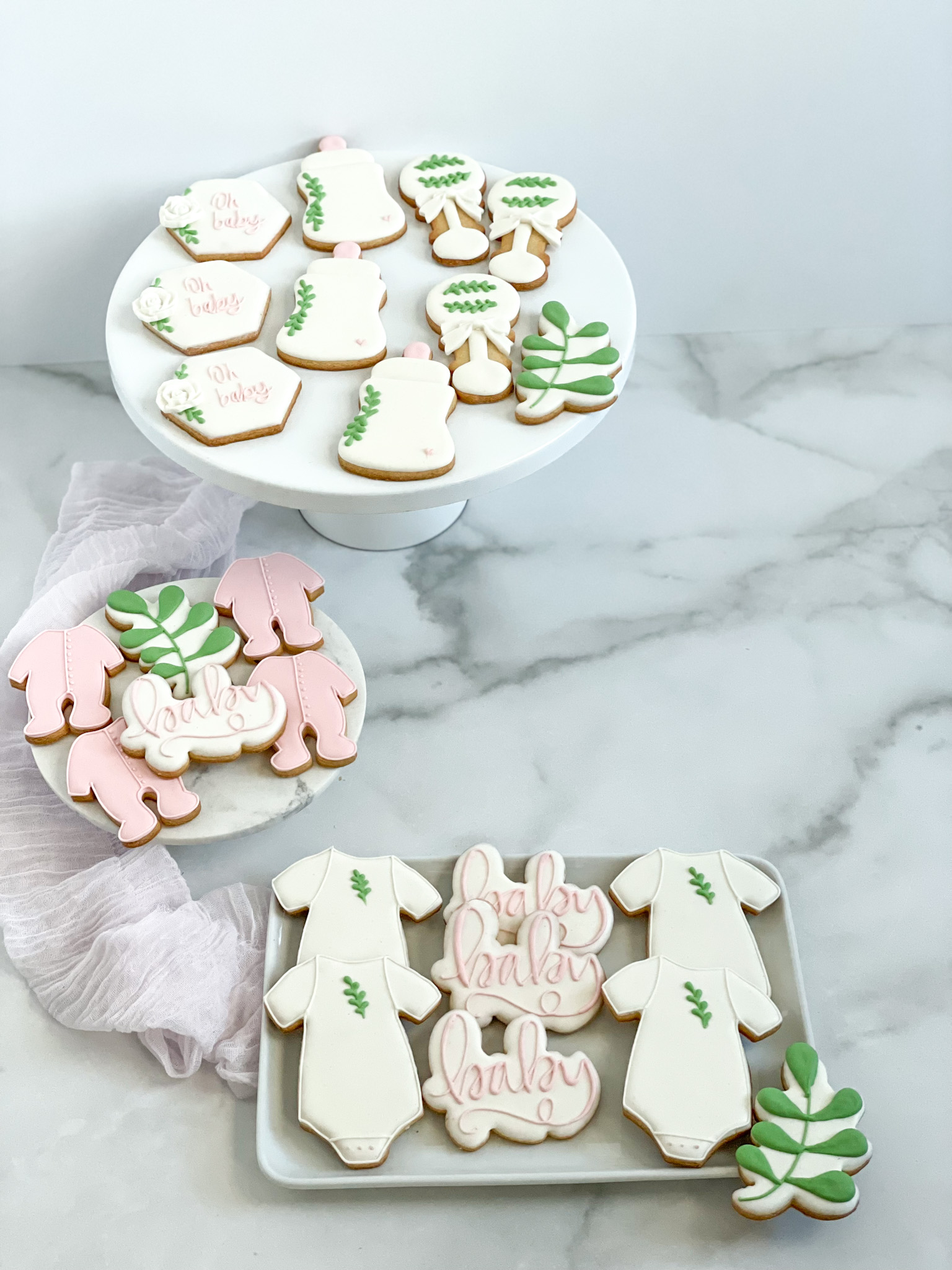 pink greenery baby shower cookies