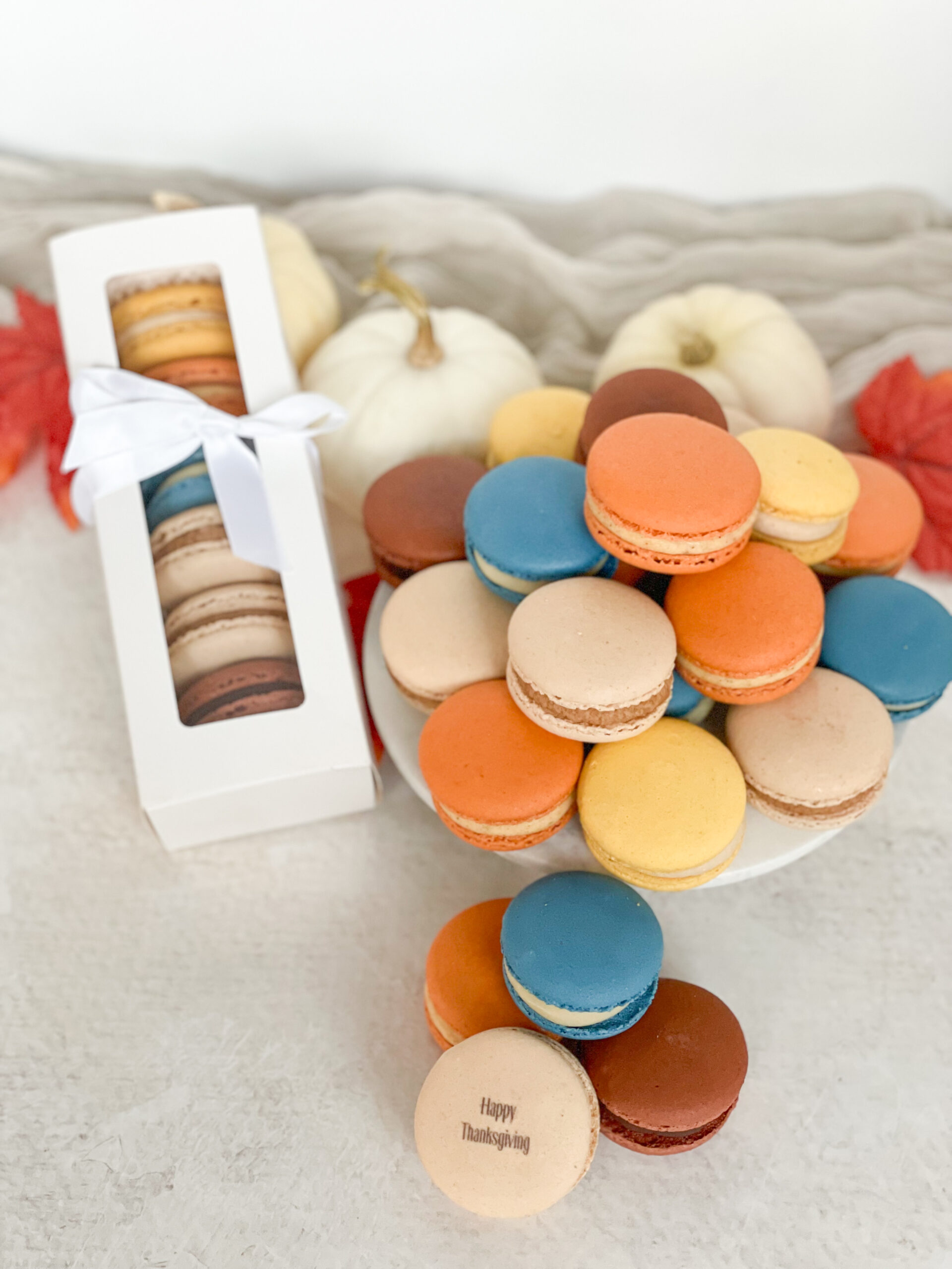 boxed Thanksgiving macarons