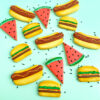 hamburgers, hot dogs, and watermelon