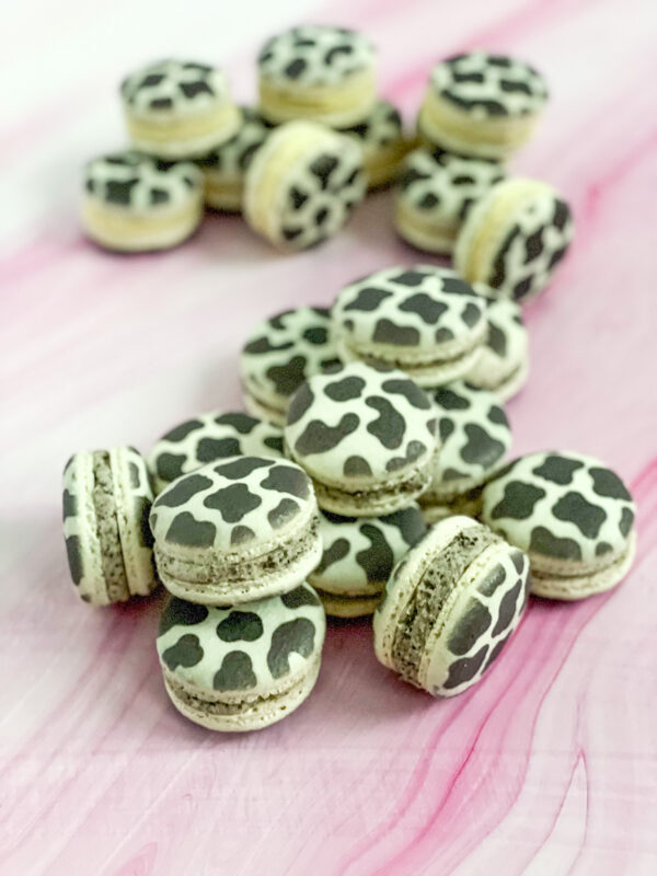 cow print macarons with cookies and cream filling