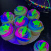 Glow in the dark Neon blacklight cupcakes for kids glow party with colorful swirled frosting