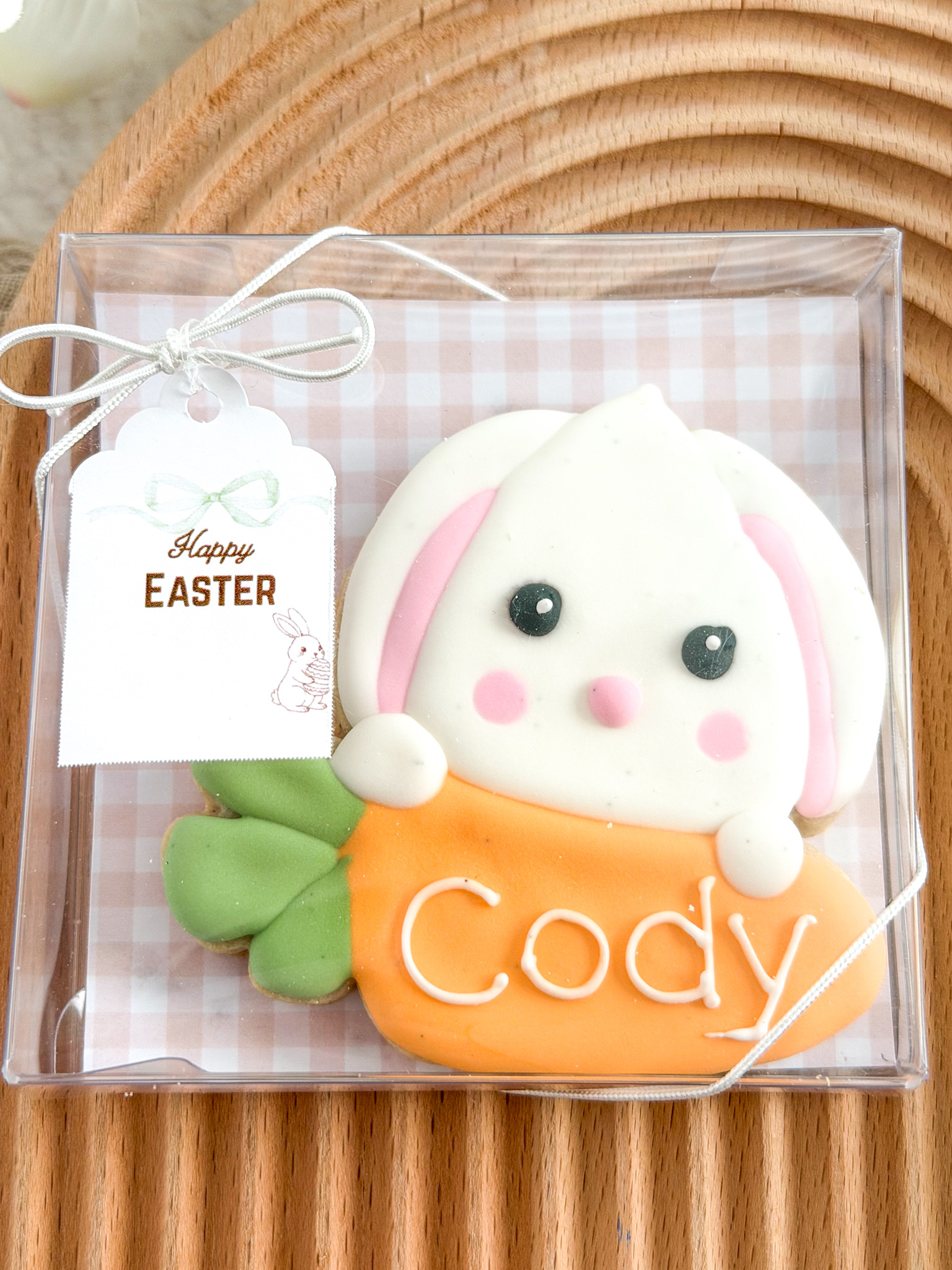 boxed Easter bunny cookie holding personalized carrot