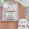 Hand-decorated Easter bunny sugar cookie set with a personalised name plaque, packaged in a clear gift box on a wooden tray with soft pastel decorations.