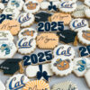 Custom graduation sugar cookies decorated with 2025 numbers, graduation caps, diplomas, and personalized name designs in school color palettes.