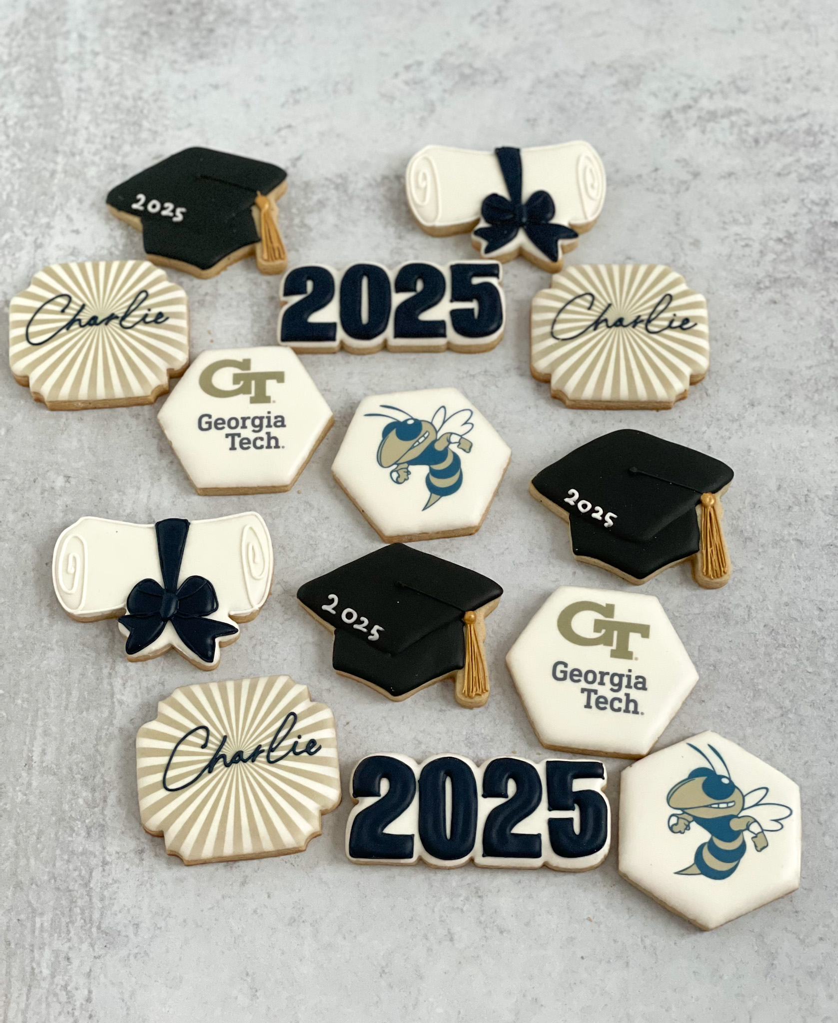 navy blue, white, black, and old gold colors