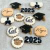 Diplomas, mortar boards, name, school logos