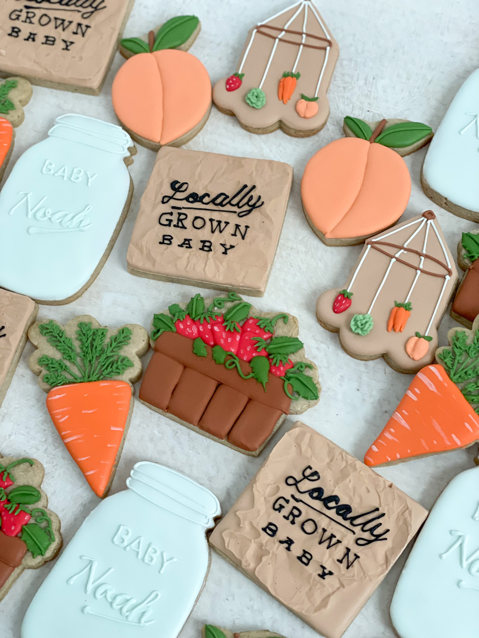 peaches, strawberries, carrots, mobile, mason jar cookies peaches, strawberries, carrots, mobile, mason jar cookies