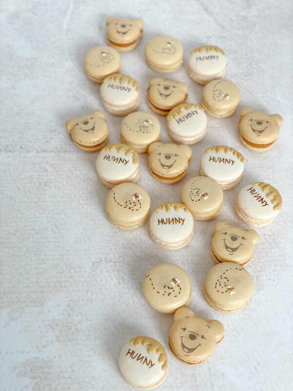 Winnie the Pooh themed macarons Handcrafted Winnie-the-Pooh inspired French macarons with honey drip details